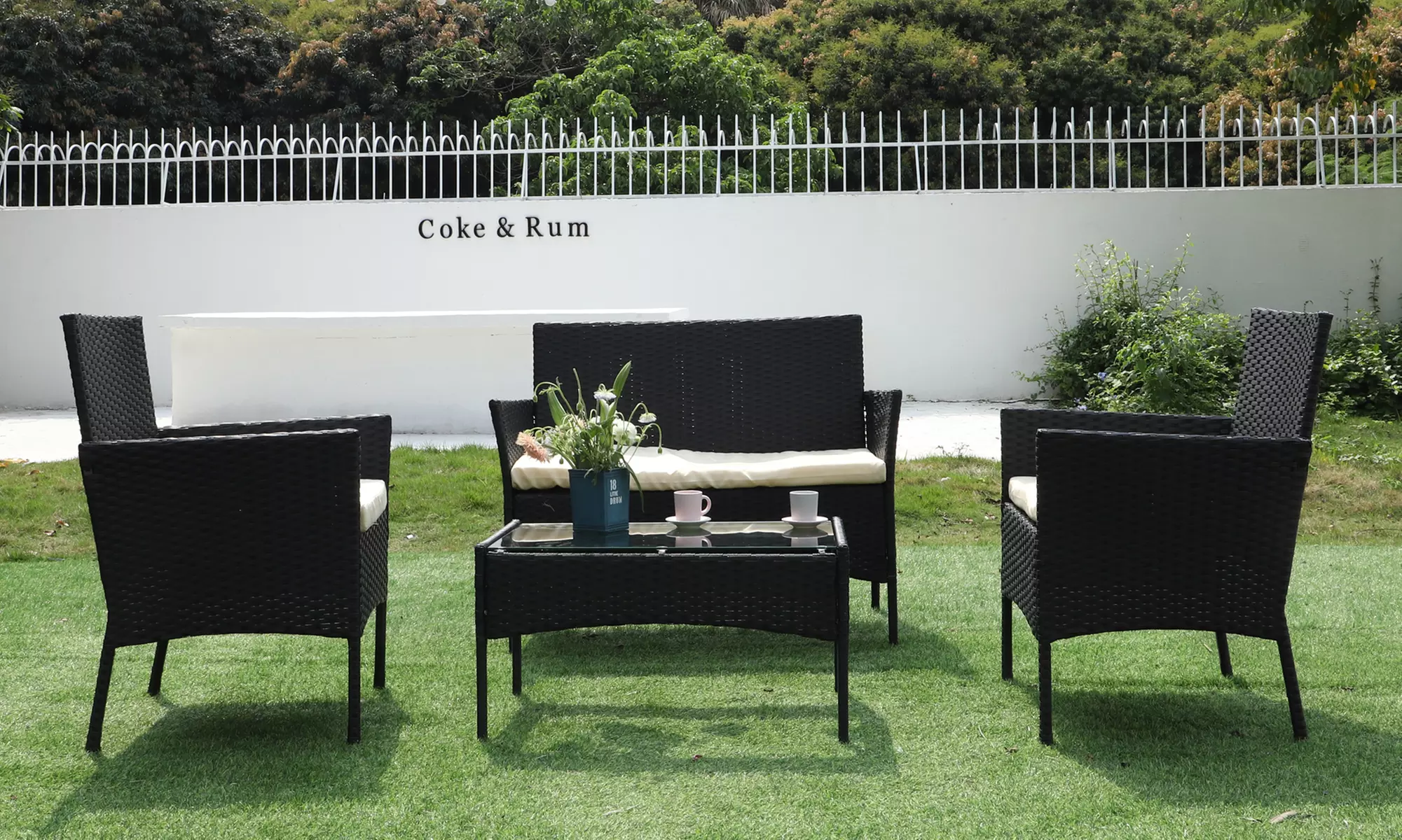 Four-Piece Black Rattan-Effect Garden Furniture Set - Primary Image