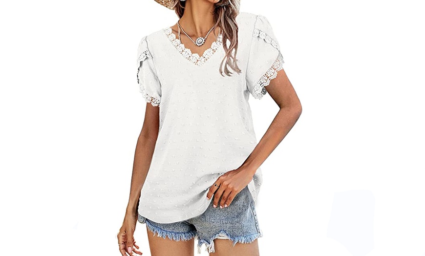 Image 8: Women's V-Neck Lace Petal Sleeve Dot T-Shirt