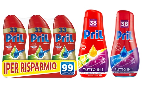 9 o 10 flaconi di detersivo per lavastoviglie Pril, per un massimo di 380 lavaggi, disponibili in 3 tipologie