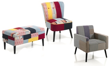 Cassapanca o Poltrone Kaleidos rivestite in tessuto con tecnica patchwork