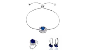 Blue Simulated Sapphire Bracelet, Ring and Huggies Earrings Set