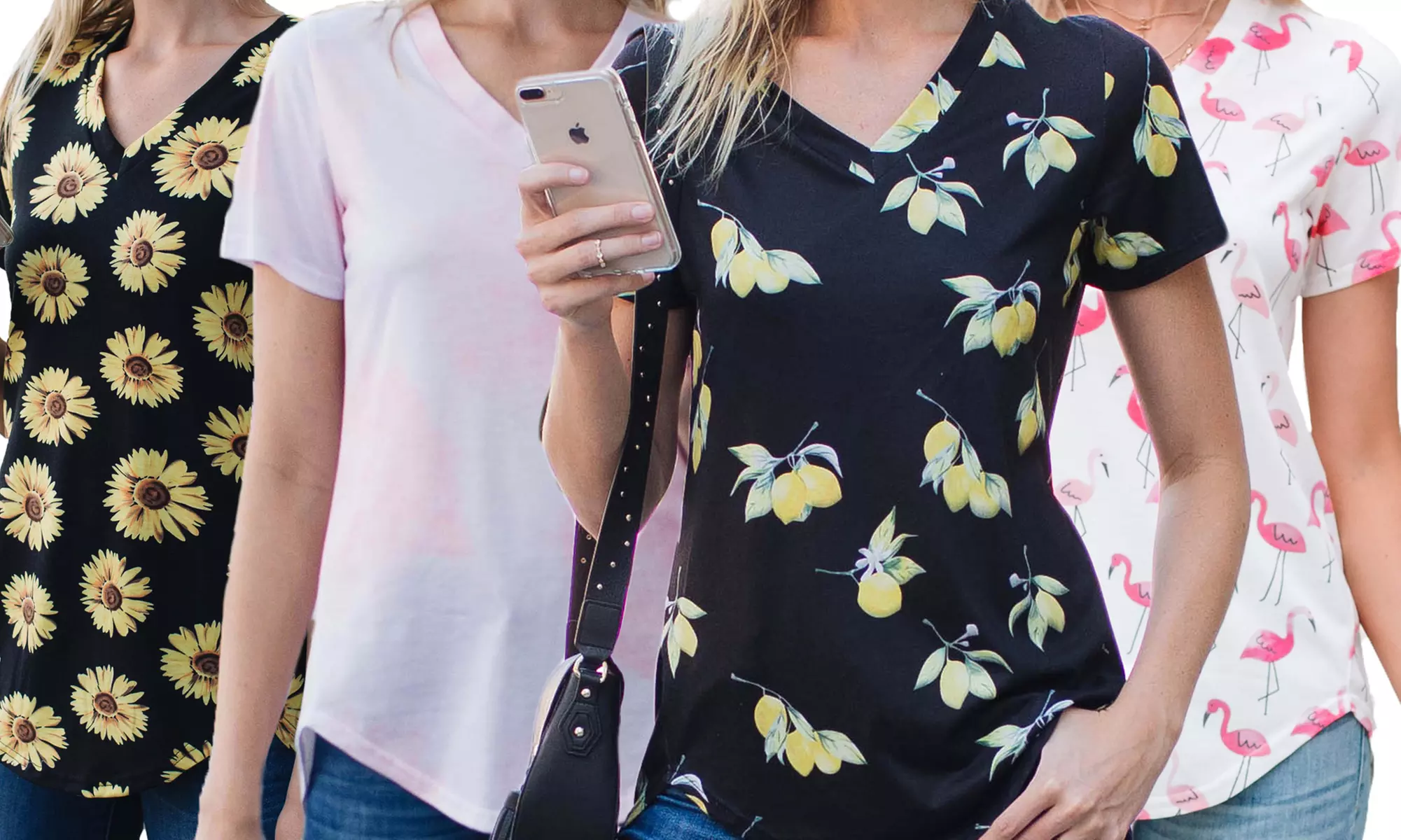 Women's Printed Round Hem V-Neck Tee. Plus Sizes Available. - Primary Image