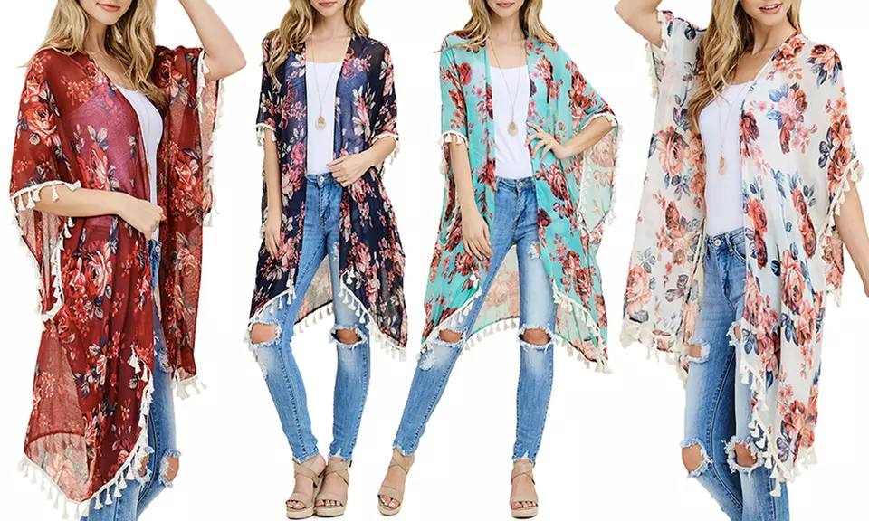 Riah Fashion Women's One Size Floral Tassel Kimono Cardigan - Primary Image