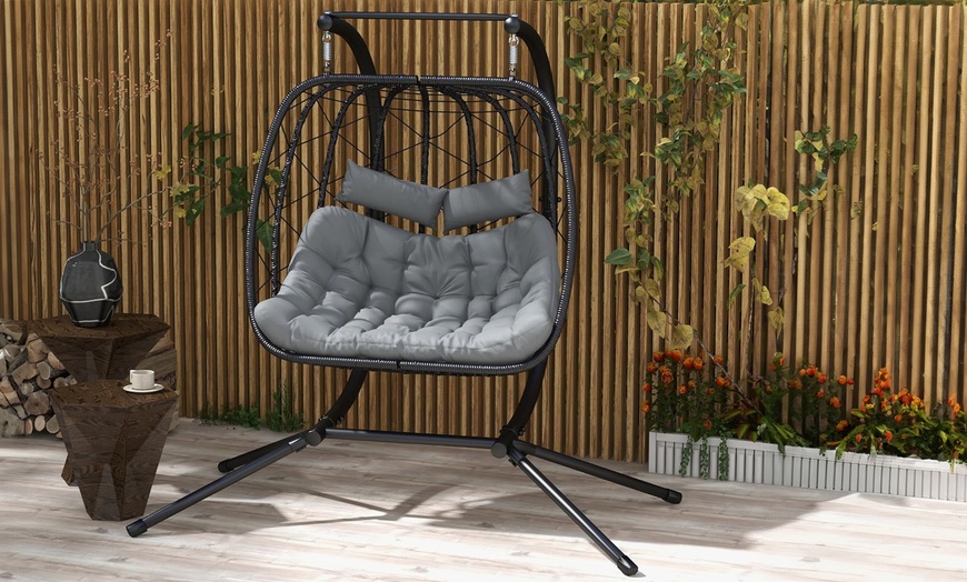 Image 1: Outsunny Two-Seater Steel Frame Hanging Egg Chair