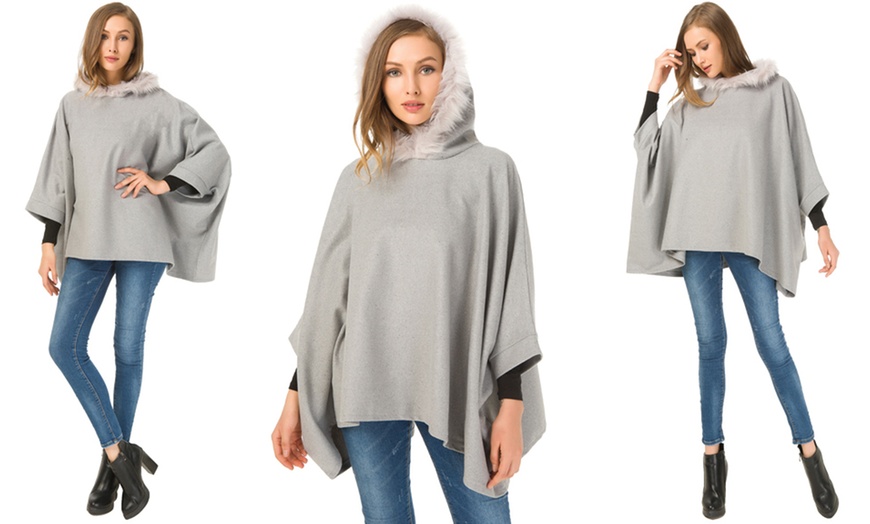 Image 3: Faux Fur Trim Hooded Cape 