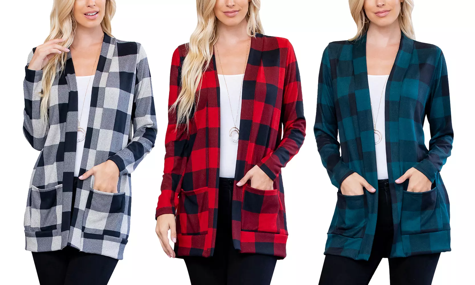 Riah Fashion Women's Long-Sleeve Buffalo Plaid Pocket Cardigan - Primary Image