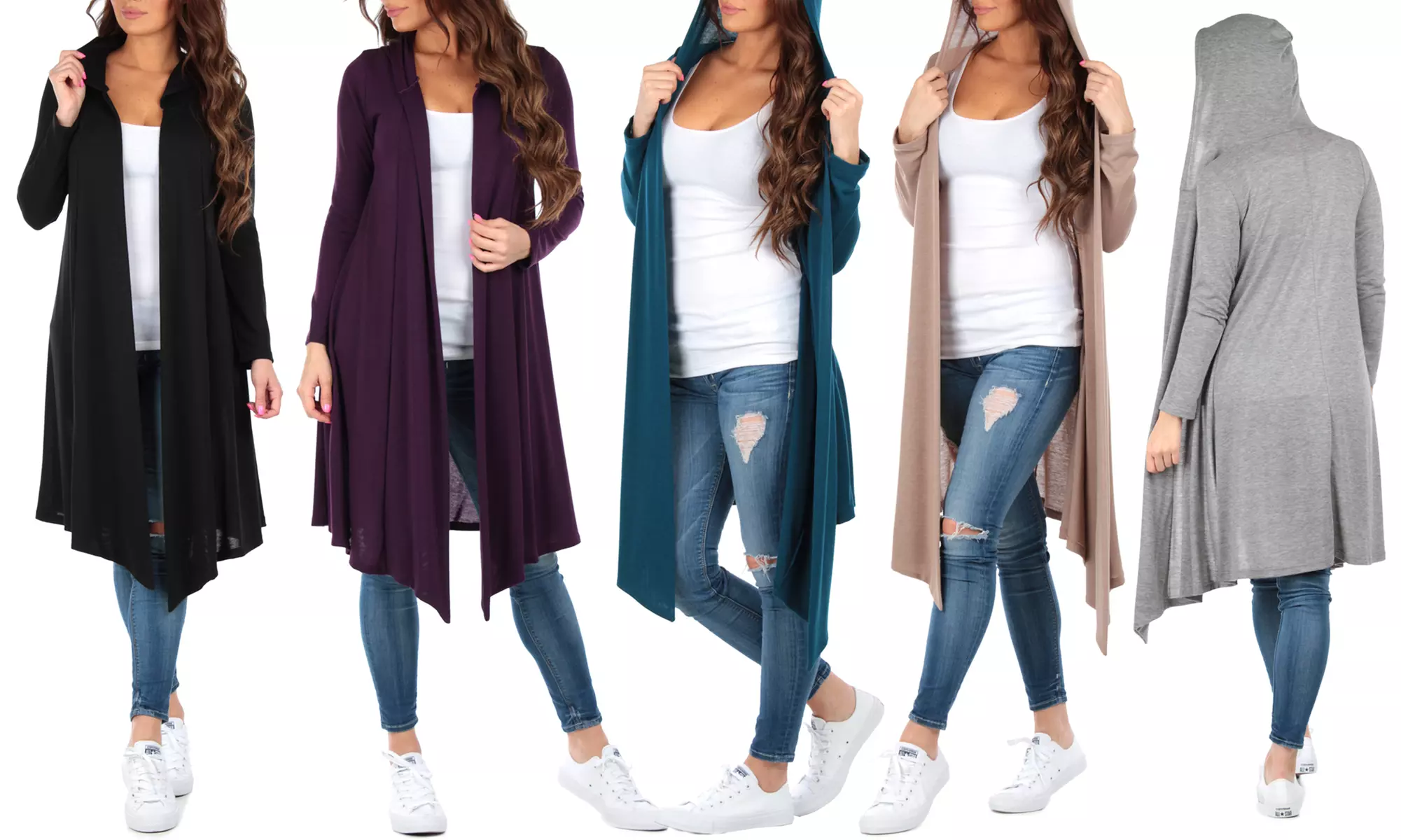 Women's Knee-Length Hacci Cardigan with Hood - Primary Image