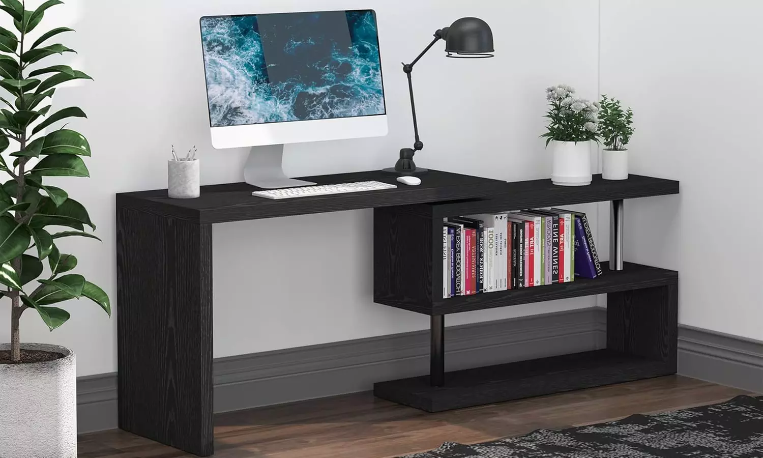 Homcom L-Shaped Desk with 360° Rotating Storage Shelves