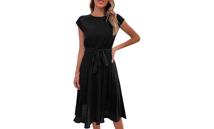 Image 6: Crew Neck Tie Solid Pleated Dress