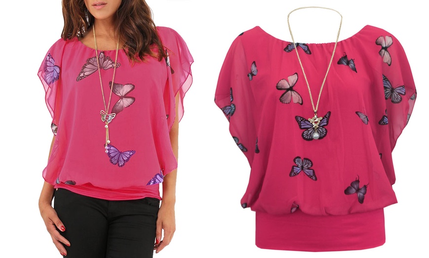 Image 6: Women's Coloured Butterfly Print Ruffle Chiffon Top with Necklace