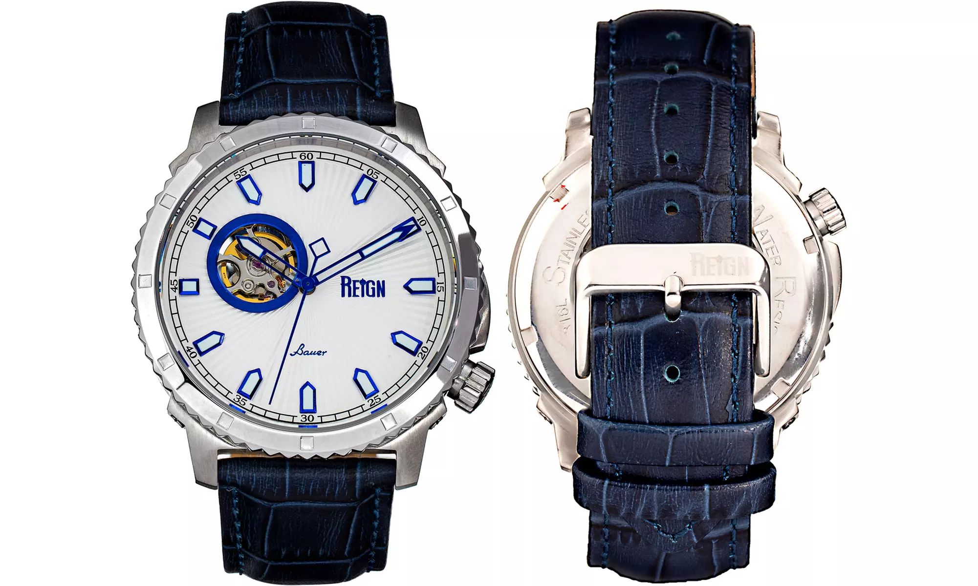 Reign Bauer Automatic Semi-Skeleton-Uhr mit Leder-Armband