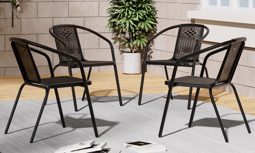 Image 6: Four Packs of Outdoor Patio Metal Wicker Stackable Dining Chairs 