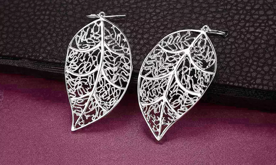  925 Sterling Silver Filigree Leaf Teardrop Dangle Drop Earrings