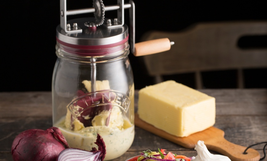 Image 1: Kilner Butter Churner, Two Paddles and Butter Dish Set