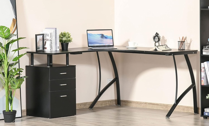 Image 1: HomCom L-Shaped Computer Desk Table with Storage Drawer
