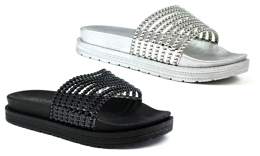 Image 1: Women's Dual Platform Beaded Sliders