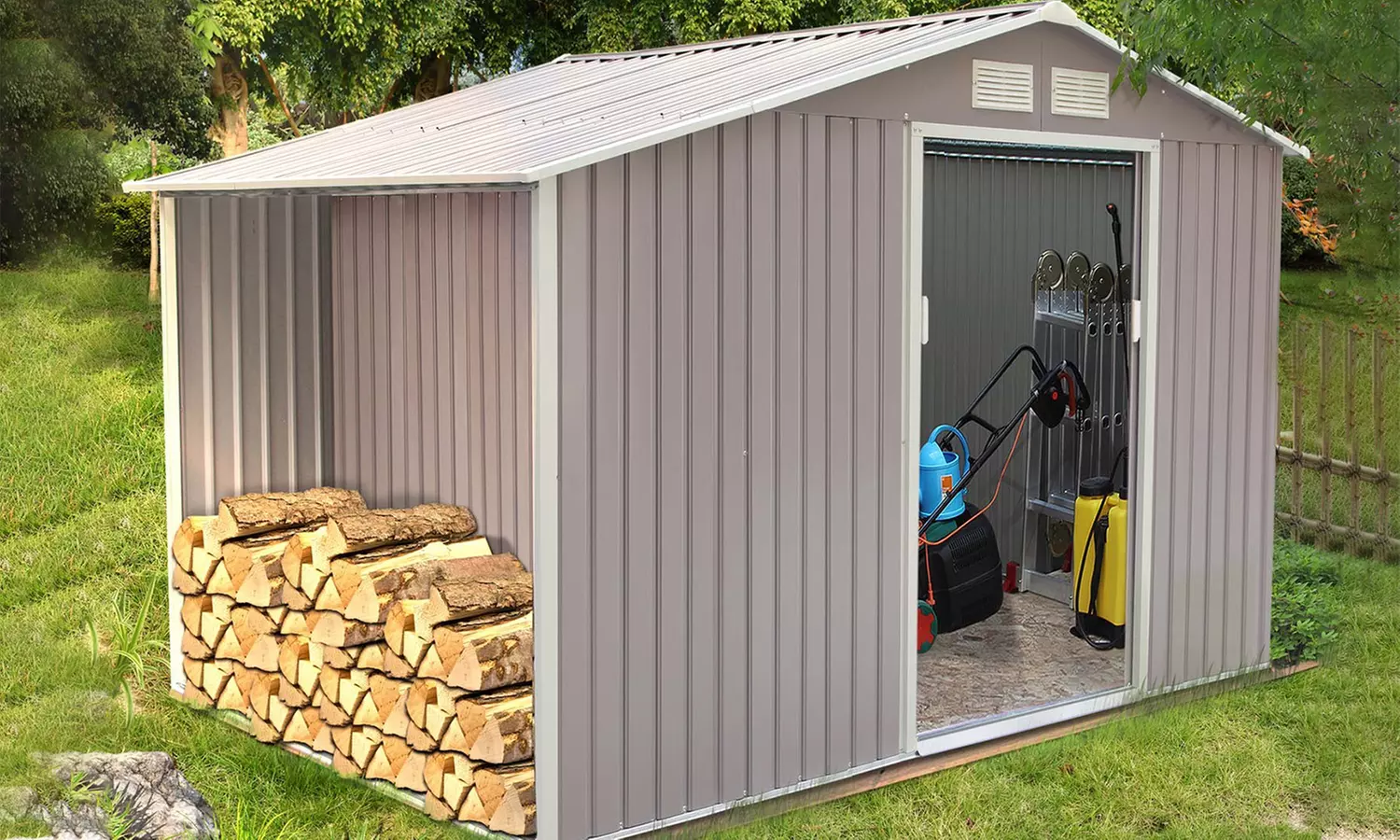 Abri de jardin "Woody" Côté Lounge en metal anti-corrosion gris avec abri bûches, taille au choix, livraison offerte - Second Medium