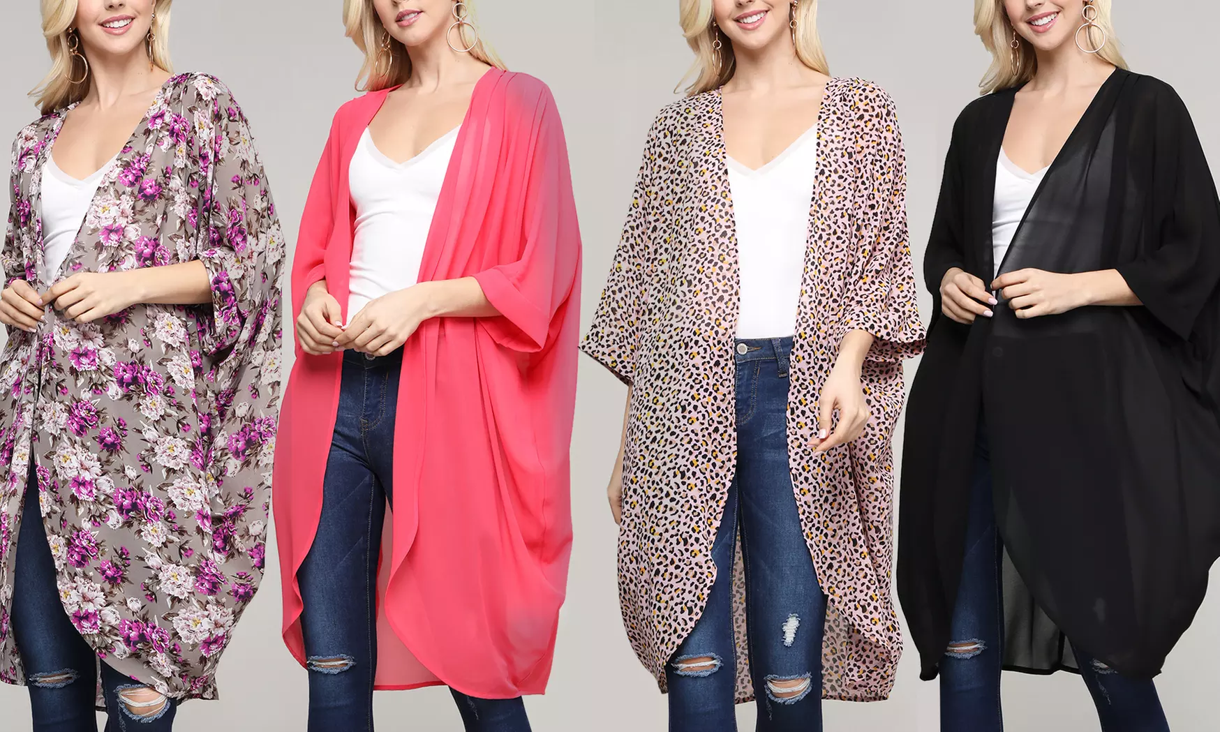 Doublju Women's Banded 3/4 Sleeve Chiffon Kimono Cardigan. Plus Sizes Available. - Primary Image
