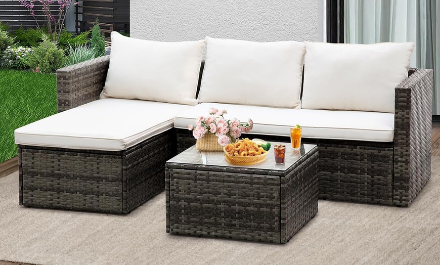 Image 1: L-Shape Three-Piece Rattan Garden Furniture Set 