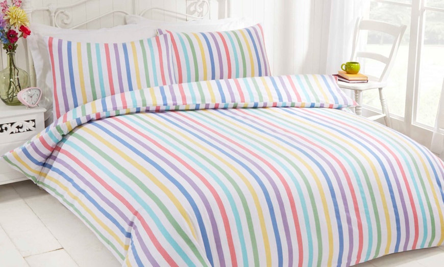 Image 1: Cosy Brushed Cotton Candy Striped Duvet Set