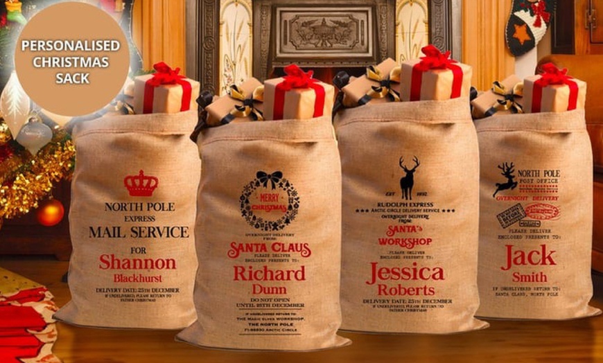 Image 1: Personalised Christmas Hessian Sack for Holiday Magic From Decomatters