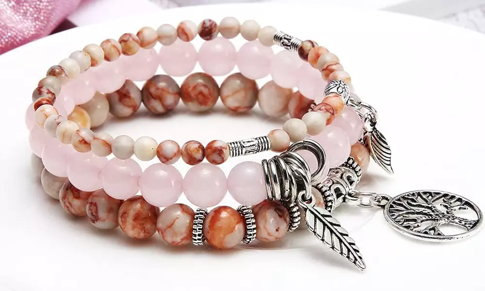 1x oder 2x 3er-Set Schmuckstein-Armbänder mit Blatt-Anhängern