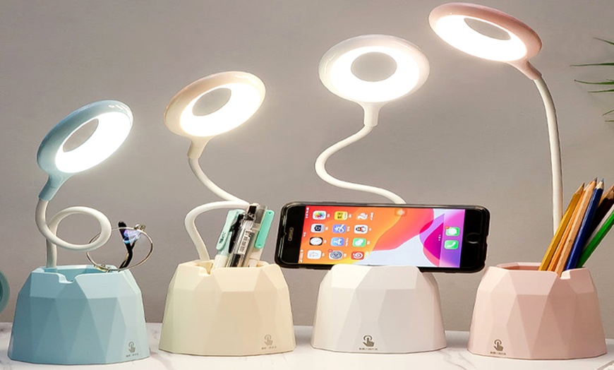 Image 2: Dimmable LED Desk Lamp with Phone and Pen Holder