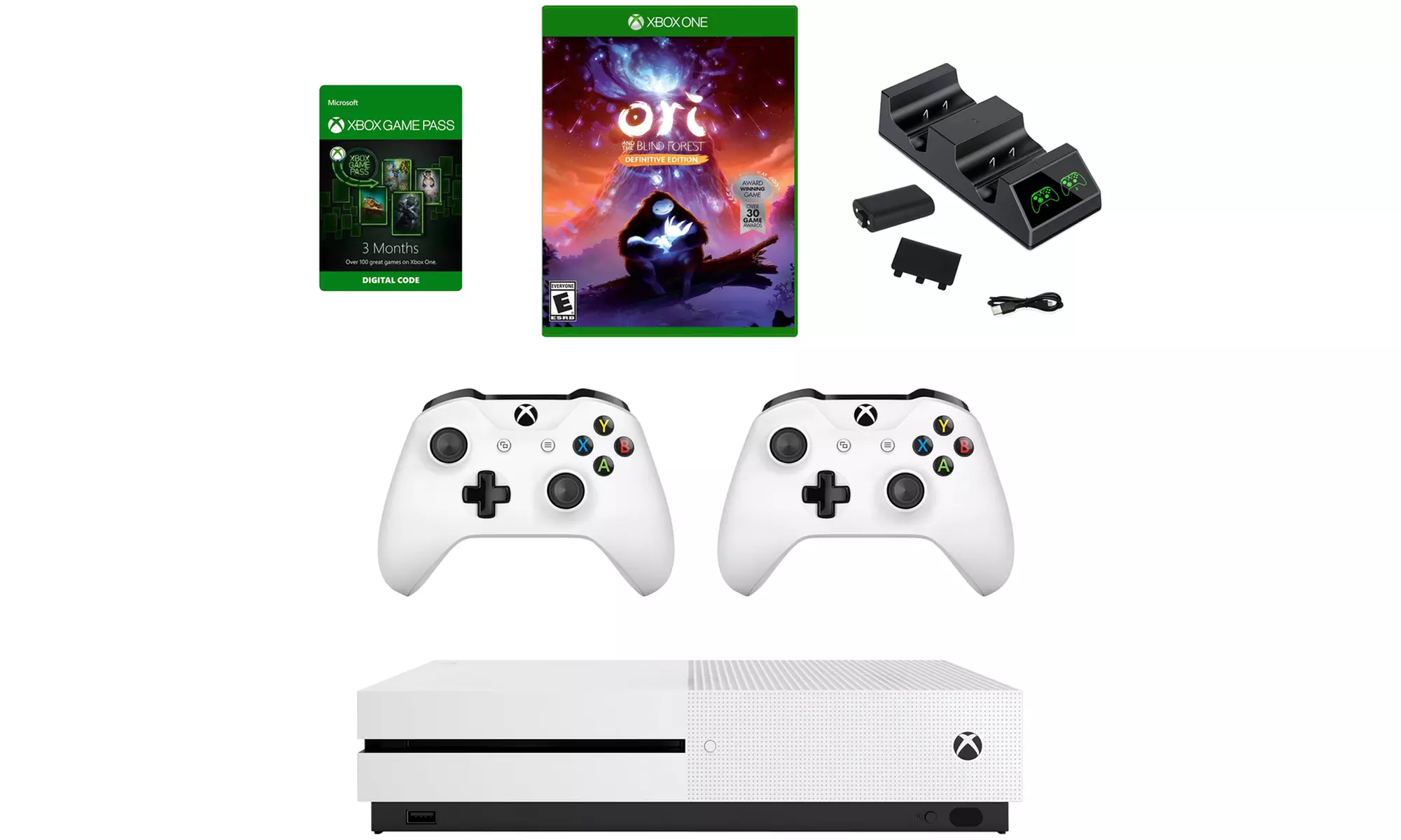 Xbox One S 1TB Console with 2 Controllers, Ori and The Blind Forest Game, Dual Charger, and 3-Month Game Pass - Primary Image