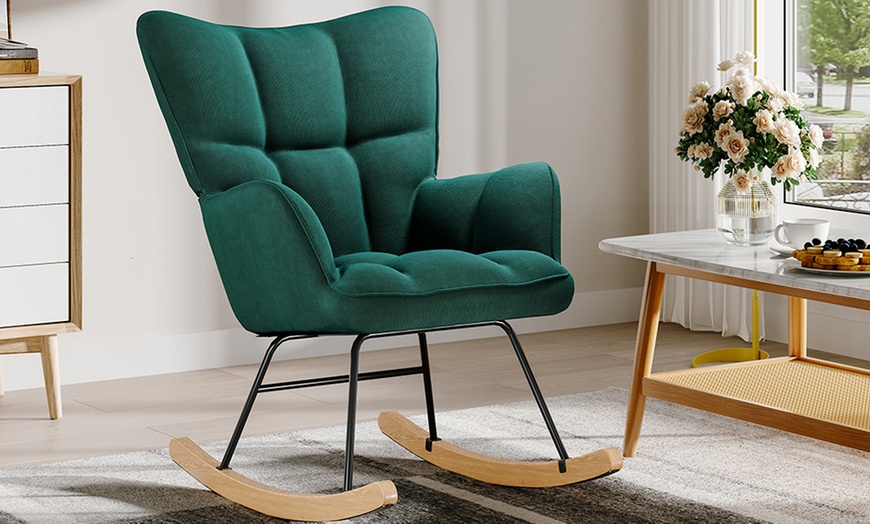 Image 3: Green Tufted Upholstered Rocking Chair