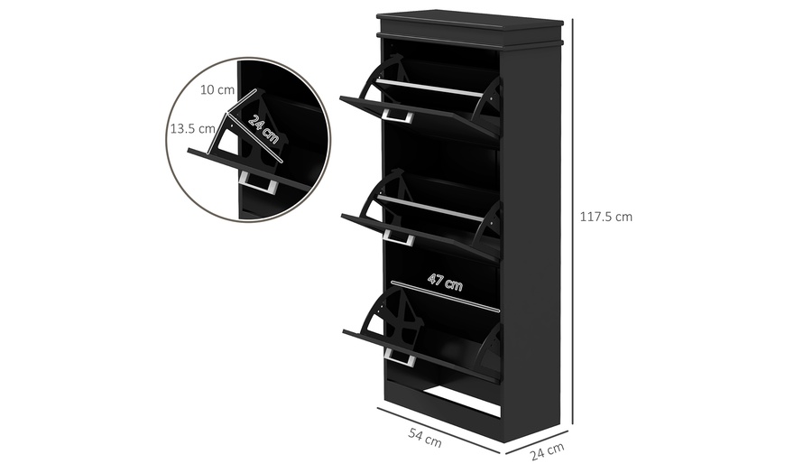 Image 9: HomCom Narrow 3-Tier Grey Shoe Cabinet with Flip Drawers
