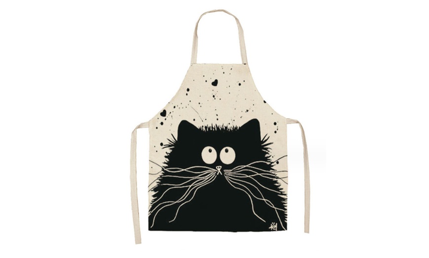 Image 2: Black and White Linen Cartoon Cat Printed Apron