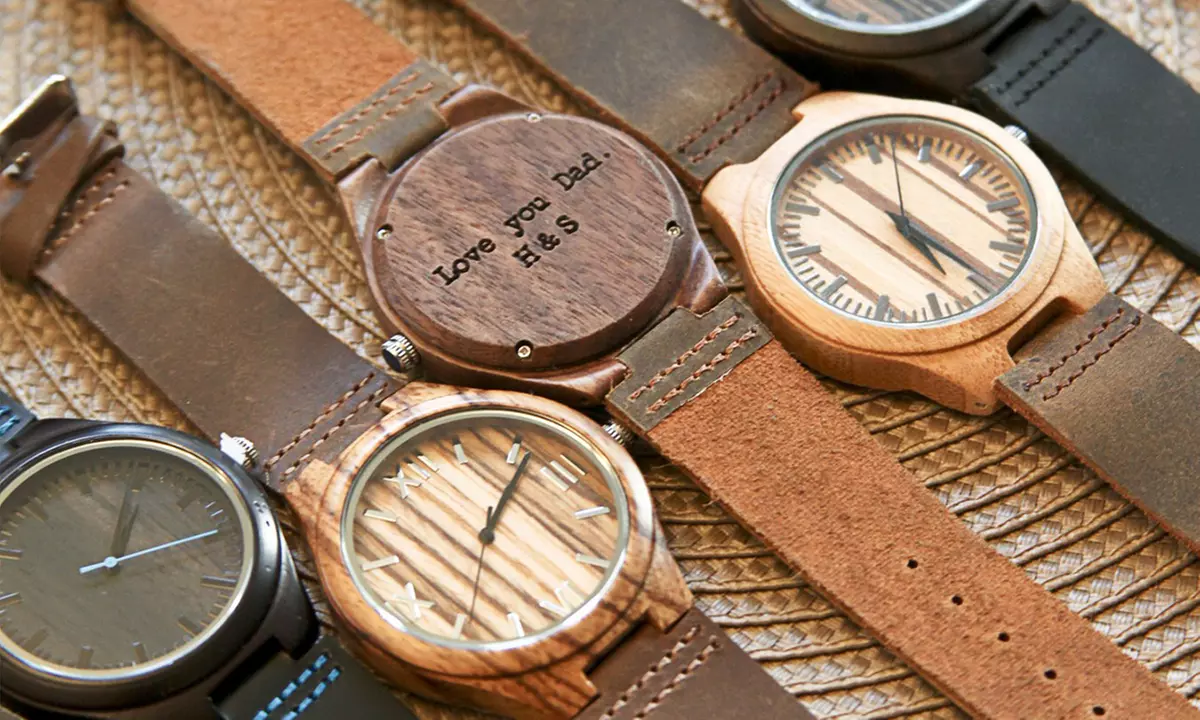 Custom Engraved Wood Watches with Leather Straps (All Fees Charged in USD) - Primary Image