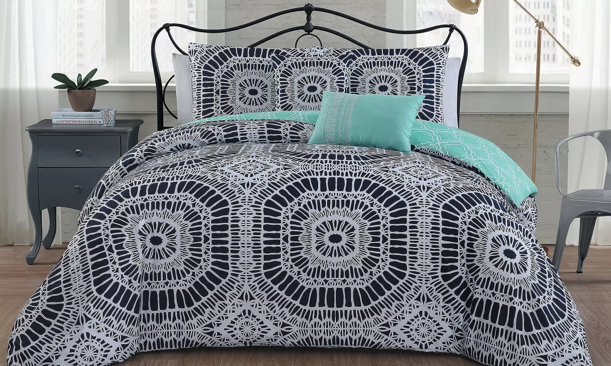 Contemporary Printed Reversible Duvet Cover Set with Two Decorative Pillows (5-Piece) - Primary Image