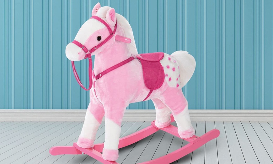 Image 3: HomCom Kids' Plush Rocking Horse with Sound Effects