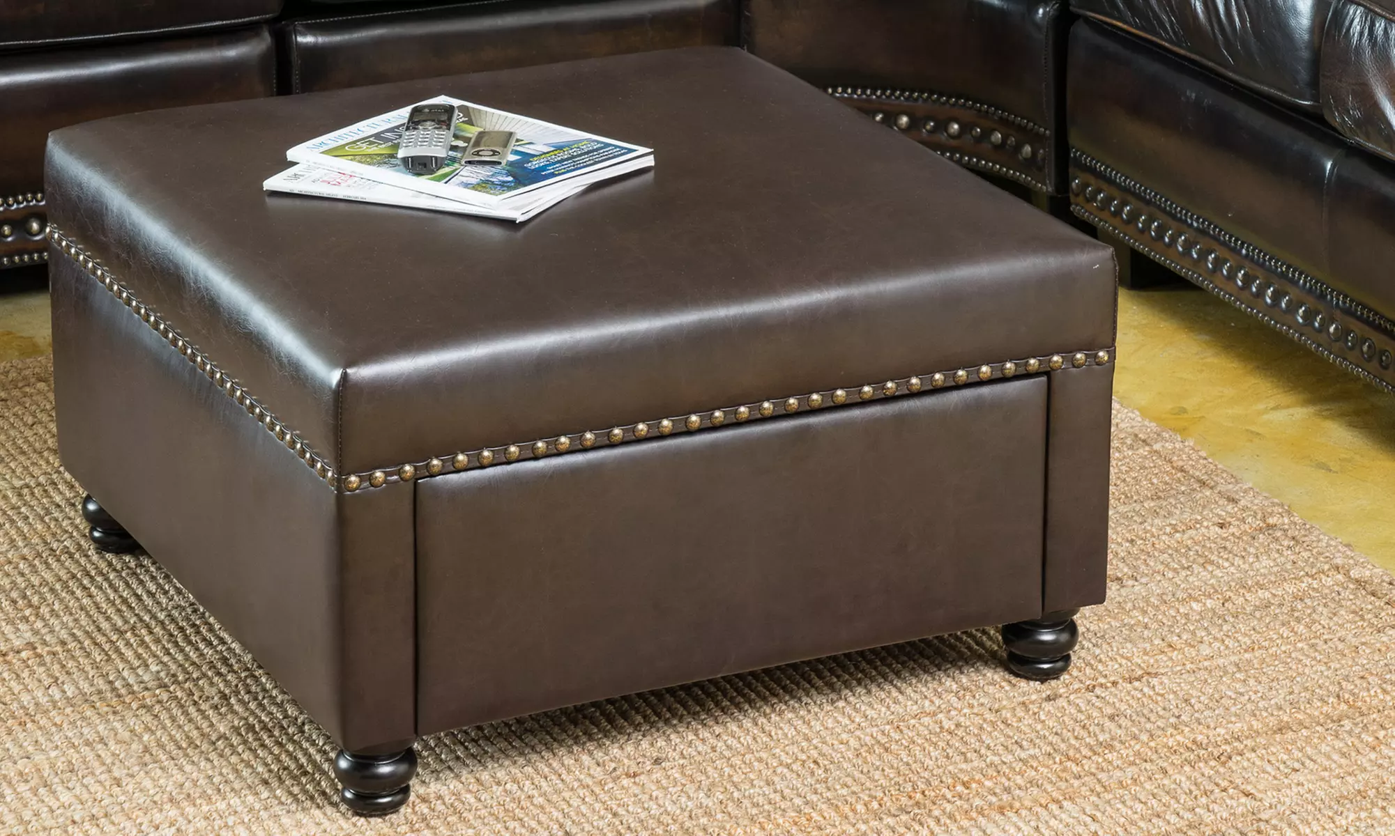Cressida Square Brown Leather Storage Ottoman - Primary Image