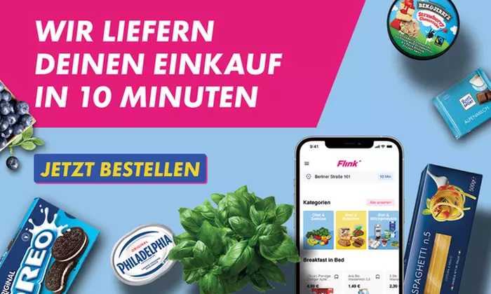 Wertgutschein über 10 € anrechenbar auf das gesamte Sortiment in der App des Online-Supermarkts Flink - Primary Image