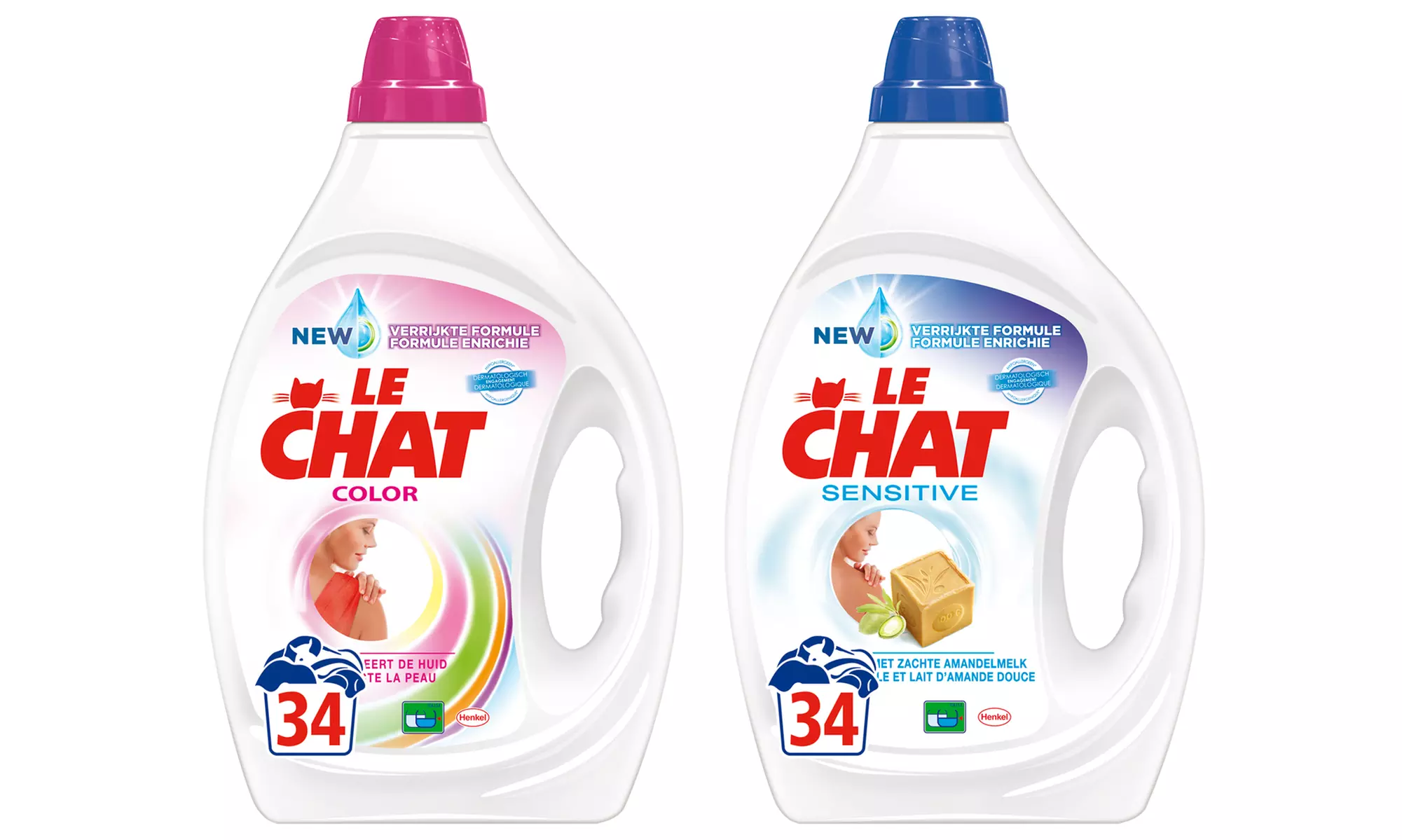 1 ou 4 bouteilles de détergent à lessive liquide 34 lavages Le Chat Sensitive ou couleur 1.7 L - Primary Image