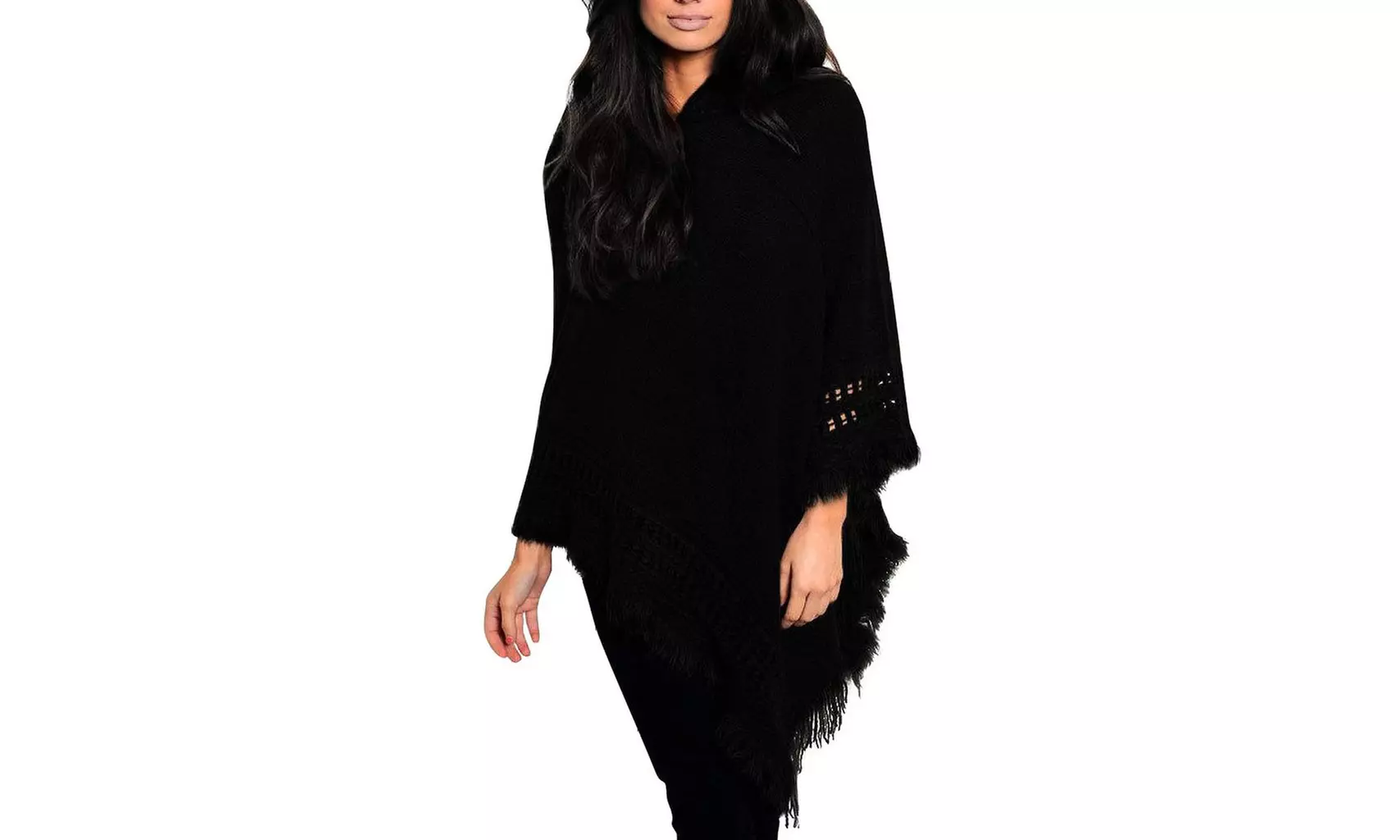 Kapuzen-Poncho mit Fransen für Damen in Schwarz, Grau oder Rot - Second Medium