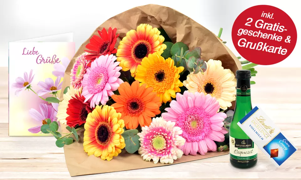 Blumenstrauß oder Blumen-Gesteck mit Schokolade, Piccolo und Grußkarte