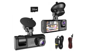 Front and Rear Inside 3 Channel Car Dash Cam with 32GB Card