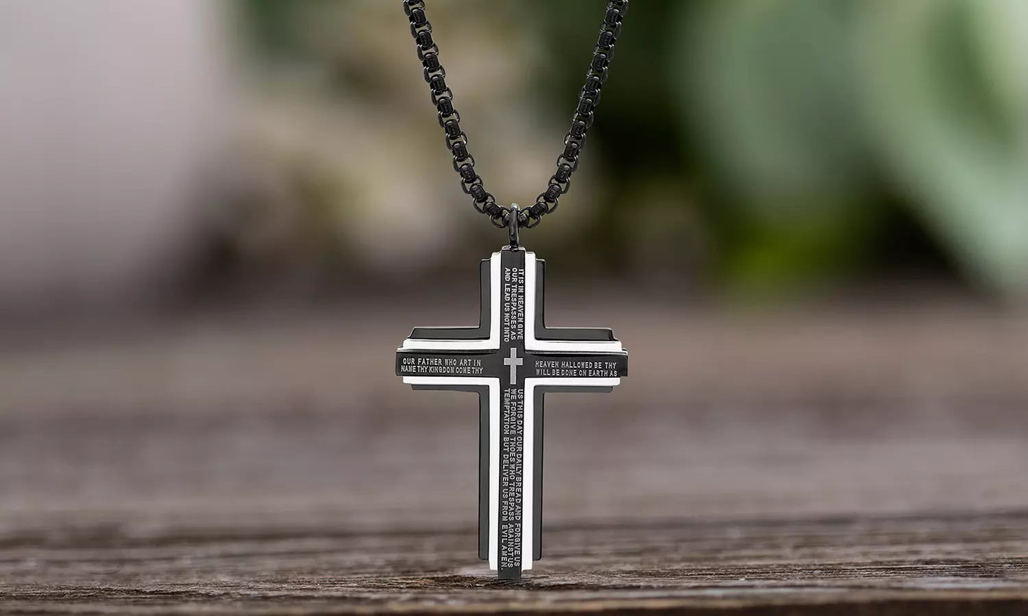 Simply Steel Men's Stainless Steel 2-Tone Layered Lord's Prayer Cross Necklace - Primary Image