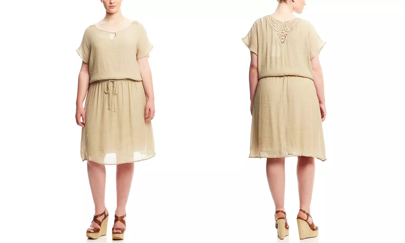MLLE Gabrielle Women's Plus-Size Lace Detail Blouson Dress with Tie Belt | Brought to You by ideel - Second Medium