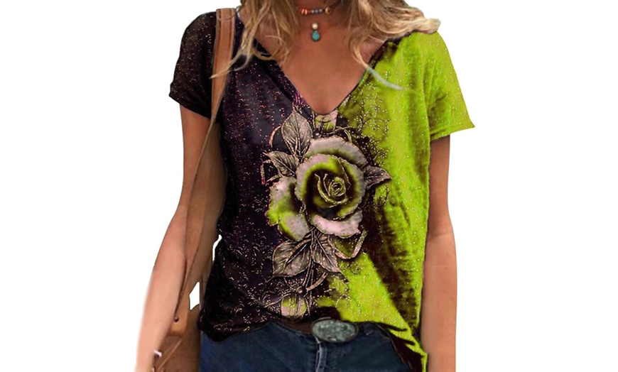 Image 5: Rose Print Two-Colour Short-Sleeved Top