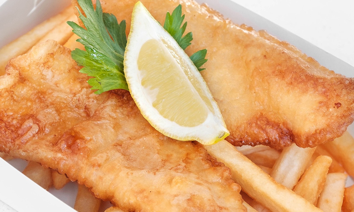 Grilled or Battered Fish with Chips, Tartar Sauce & a Refreshing Drink