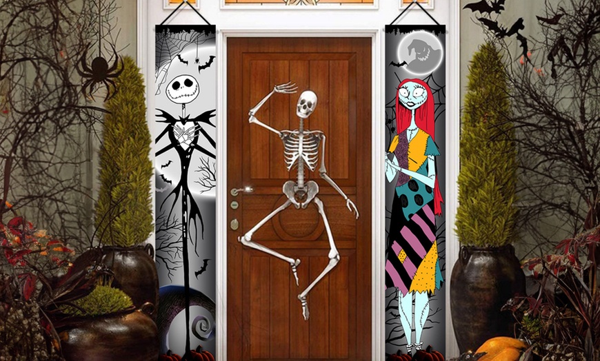 Image 1: Two-Pack of Halloween-Themed Jack and Sally-Design Porch Banners