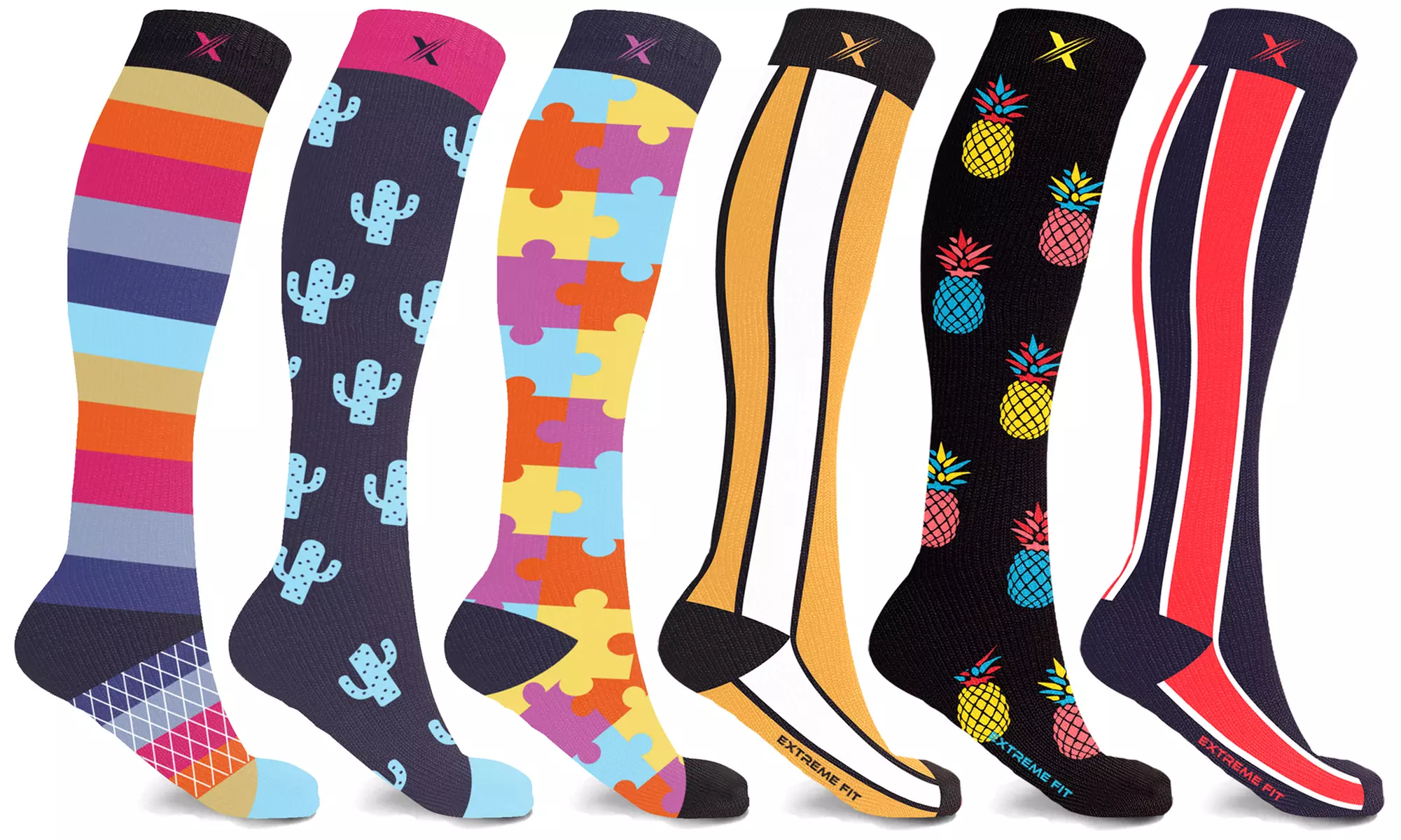 XTF Striped Knee-High Compression Socks (3 or 6 Pairs) - Primary Image