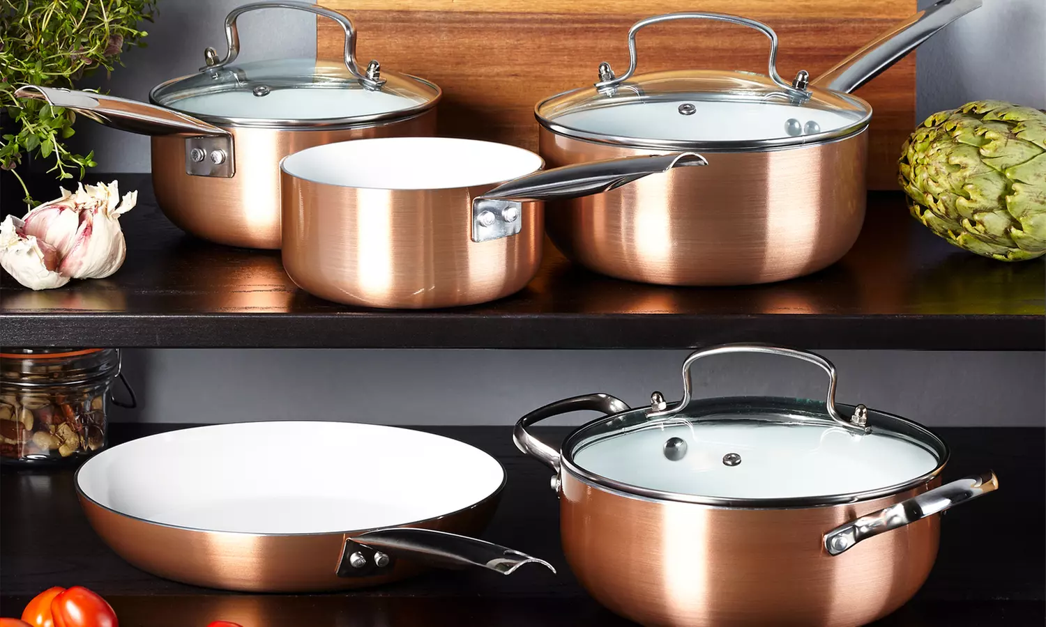 Two-, Three- or Five-Piece Copper Ceramic Pan Set - Primary Image