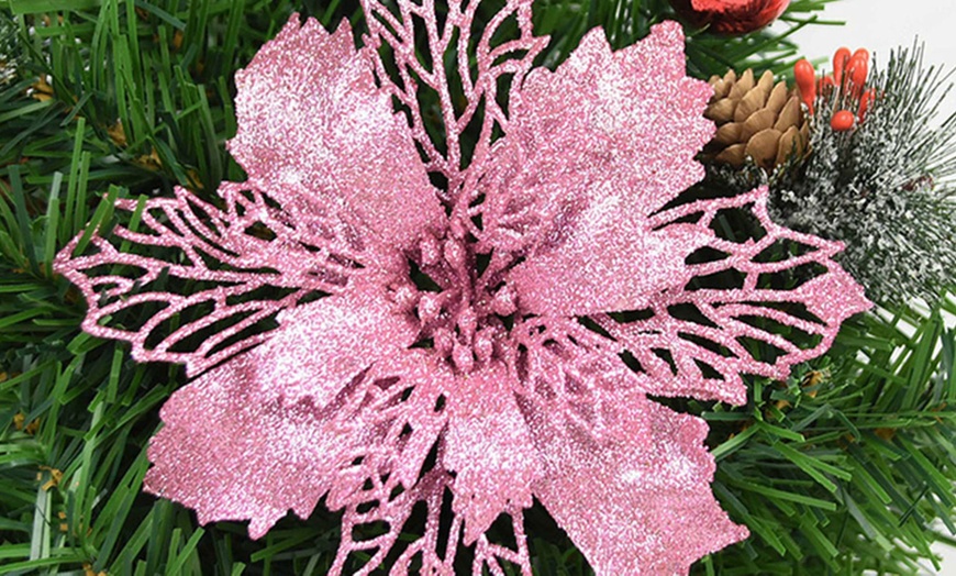 Image 7: Five or Ten Glitter Artificial Flowers Christmas Tree Decorations