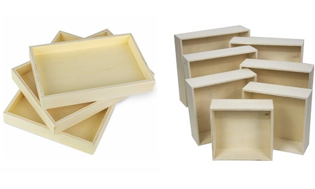 Set di 7 cassette o 3 vassoi per decoupage in legno chiaro
