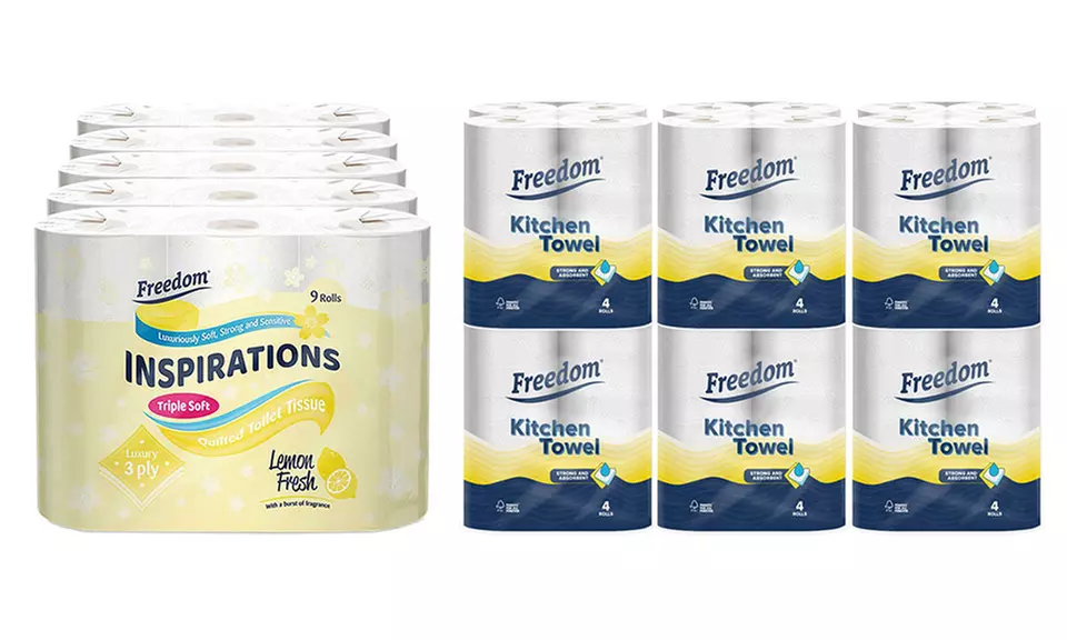 45 or 90 Rolls of Freedom Three-Ply Toilet Paper and 24 Two-Ply Rolls of Kitchen Towels - Primary Image